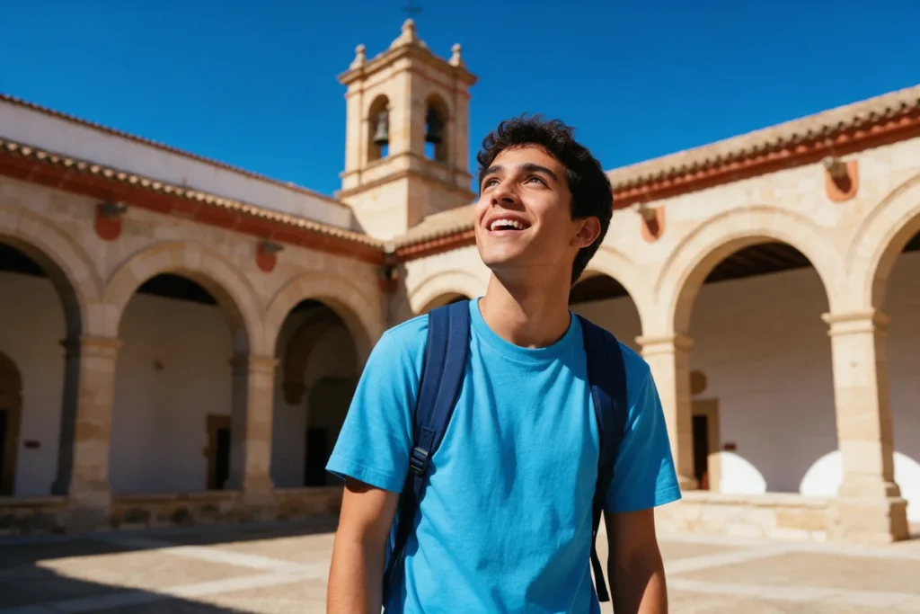 Estudiante latinoamericano con mochila en el patio de una universidad histórica española