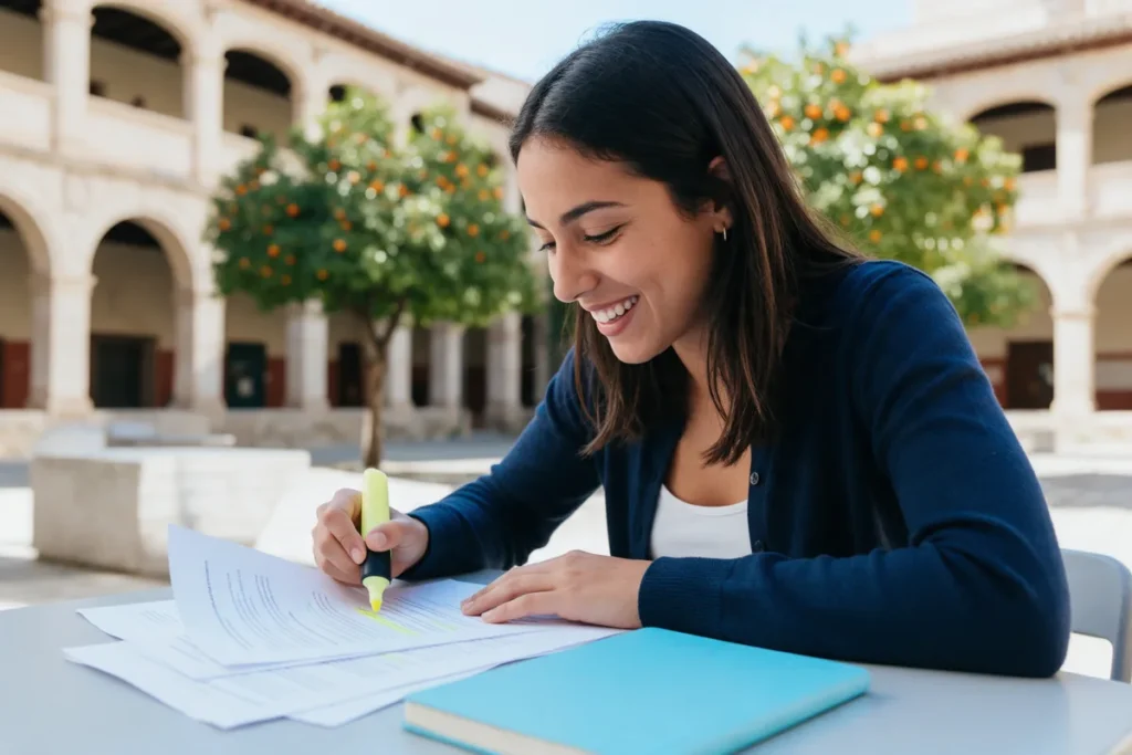 Estudiante revisando convocatorias de becas Santander en el patio de una universidad española