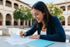 Estudiante revisando convocatorias de becas Santander en el patio de una universidad española