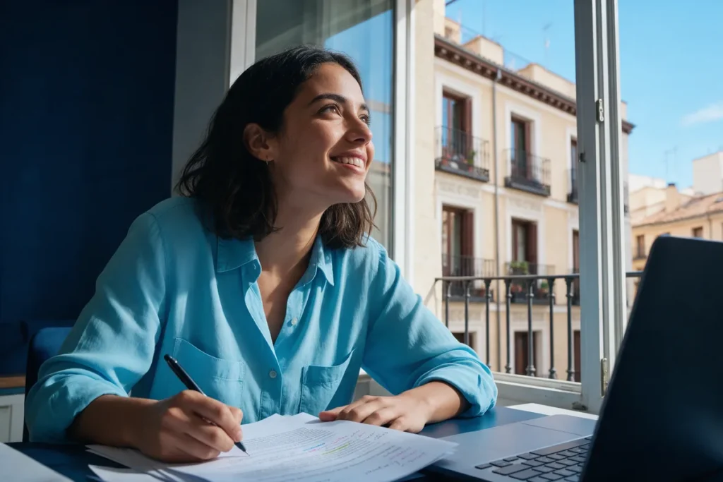 Estudiante escribiendo su carta de motivación junto a una ventana en España