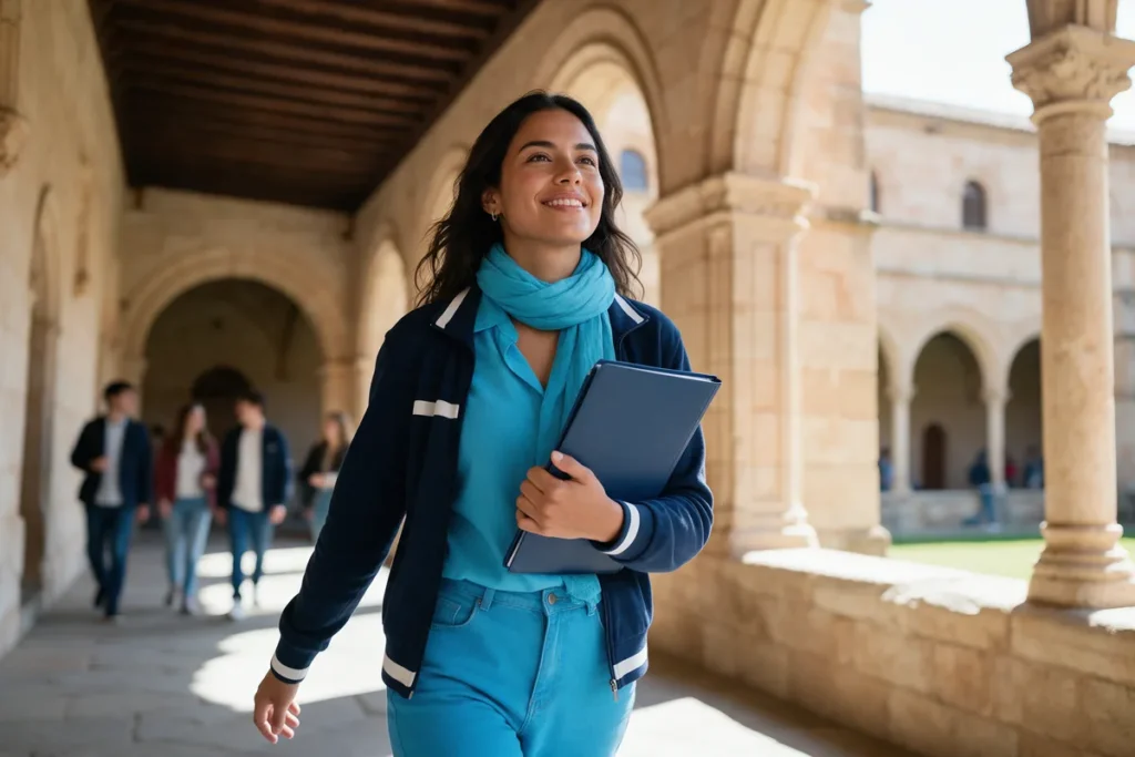 Candidata a una beca camina con su documentación por el claustro de una universidad española