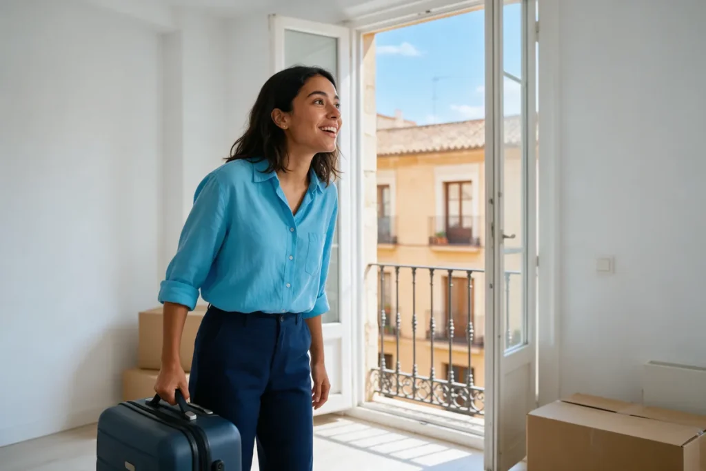 Estudiante recién llegada a su piso en España, con la maleta junto al balcón
