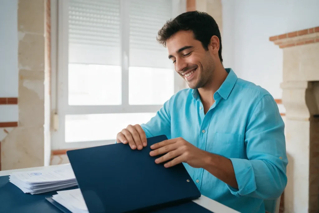Estudiante ordenando la documentación para homologar su título en España