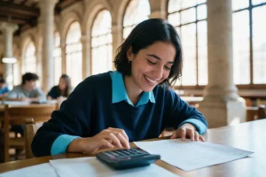 Estudiante calculando su nota media equivalente en la biblioteca de una universidad española