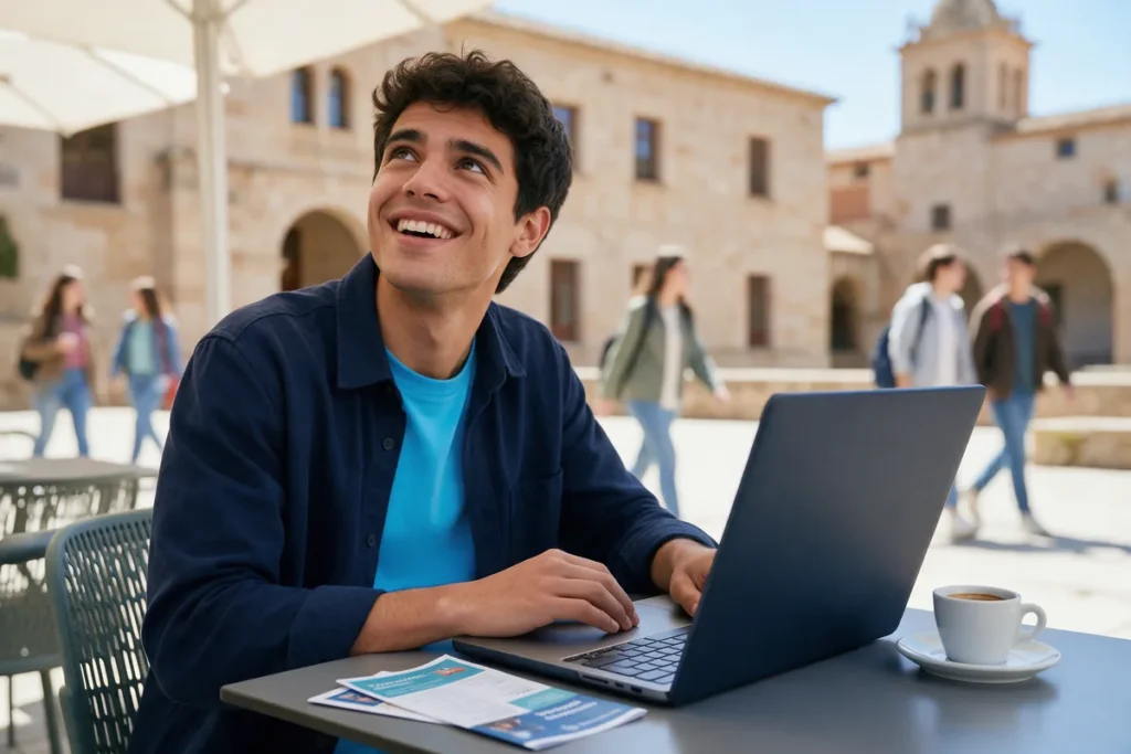 Estudiante latinoamericano consultando programas de posgrado en el campus de una universidad española